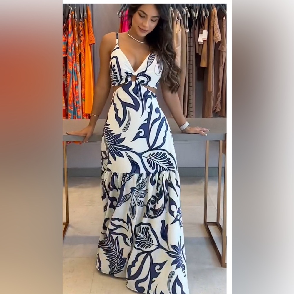 Waist cut out maxi slip dress Elegant Blue & White perfect vaca or summer vibes